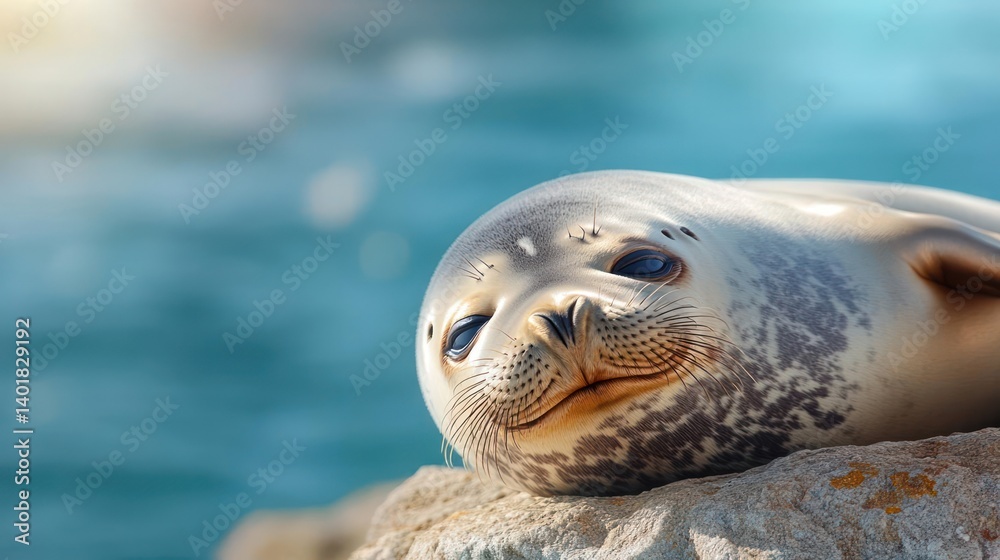 Poster close up of a spotted seal lounging on a gray rock with a serene blue ocean background. the seal has