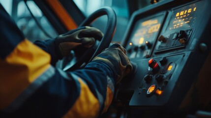 Crane operator maneuvering controls inside a construction site cabin. Featuring coordination and precision