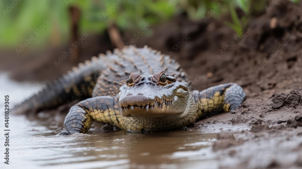 Poster a broad snout caiman resting in the muddy bank of a river or stream, with a dense green background c