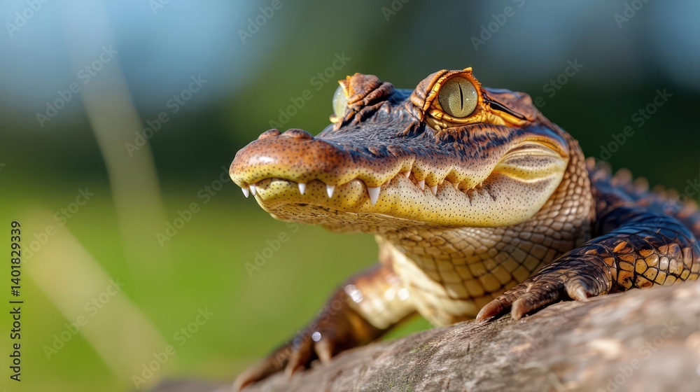 Poster a close-up shot captures a young reptile resting on a log, its textured skin blending with the natur