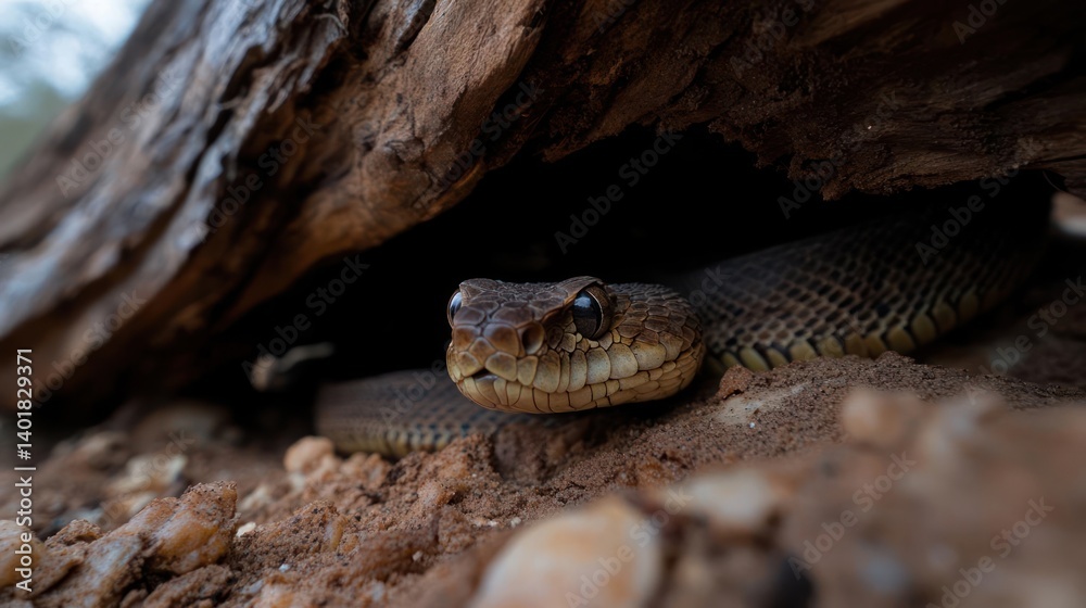 Poster a close up shot features a brown snake with a yellow head emerging from beneath a log. the snake's s