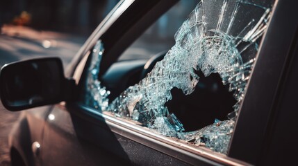 Broken rear car window with scattered glass shards after theft or vandalism, showing vehicle damage and concept of stolen property, crime, insecurity and urban danger