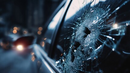 Broken rear car window with scattered glass shards after theft or vandalism, showing vehicle damage and concept of stolen property, crime, insecurity and urban danger