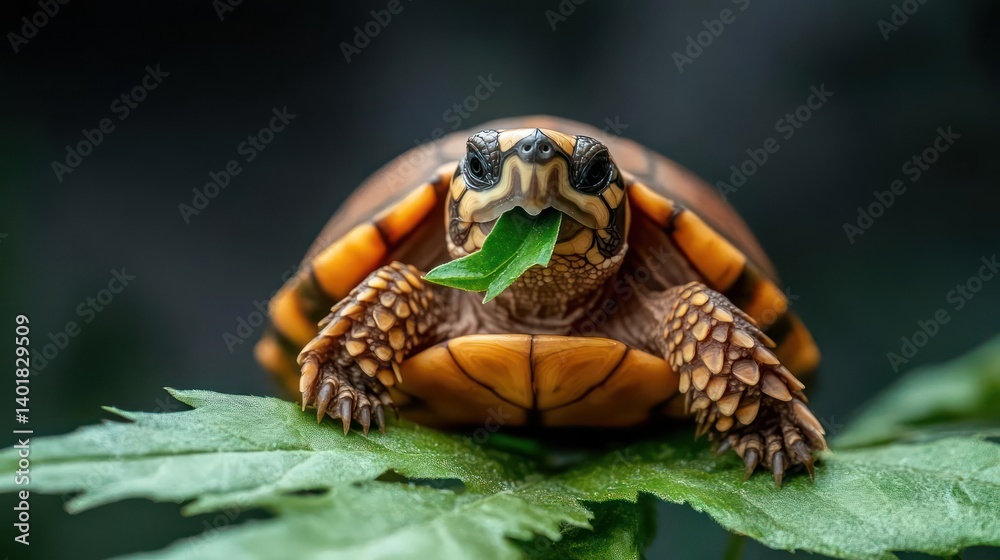Poster close-up shot of a wood turtle with its vibrant orange and brown shell, perched on a lush green leaf