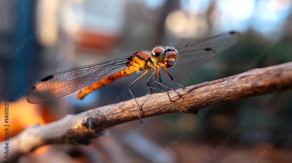 Aufkleber close up of a bright orange dragonfly perched on a twig, showcasing detailed wing patterns against a