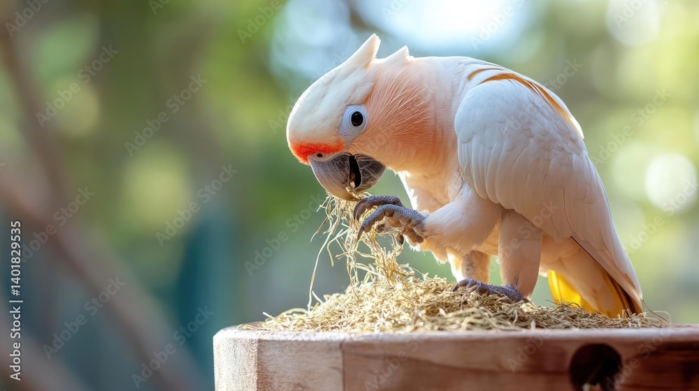 Poster a salmon crested cockatoo perched on a wooden surface and feeds on seeds. the background features a 