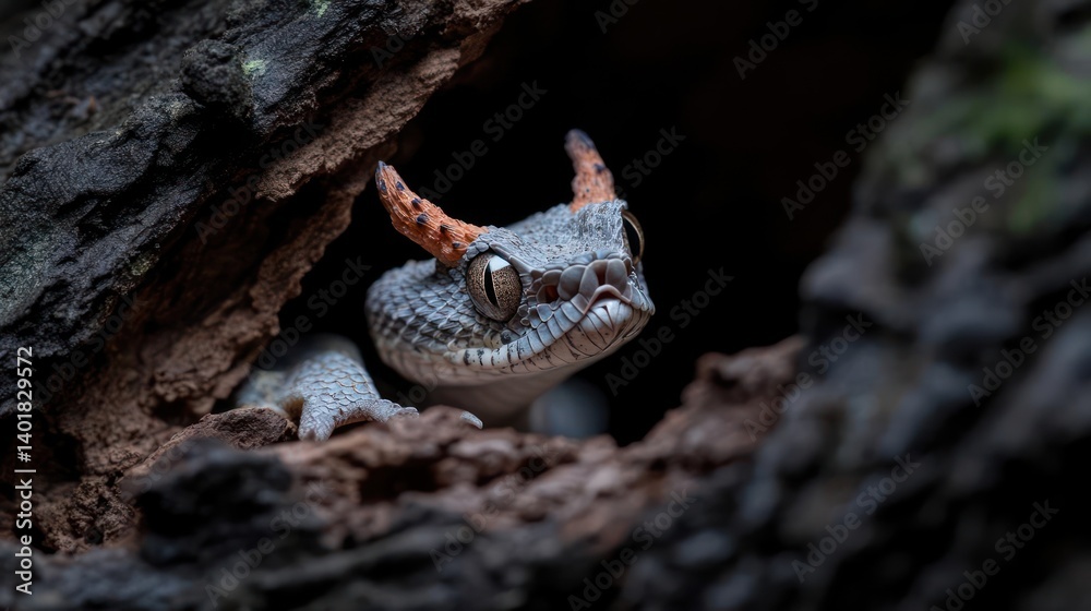 Fototapete close-up of a knob-tailed gecko with distinct orange horns on its head, emerging from a dark hole in