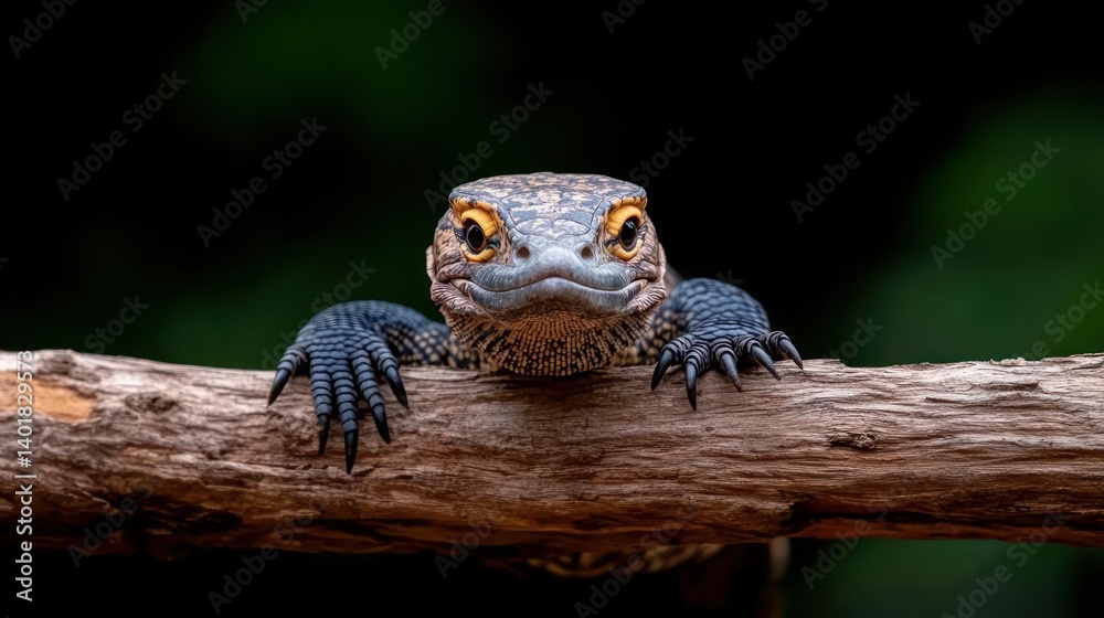 Poster captivating close up of a lace monitor lizard clinging to a branch, its eyes locked on the viewer. t