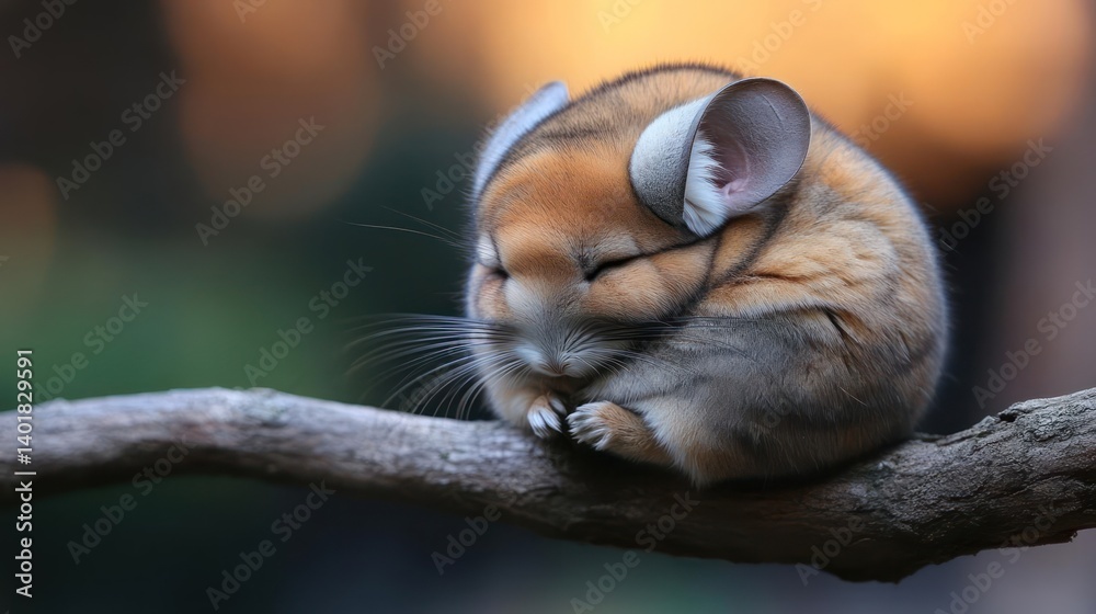 Poster A charming close up shot captures a curled up dormouse, its soft brown and beige fur blending with the weathered branch it rests upon. The dreamy bokeh background hints at an enchanting forest