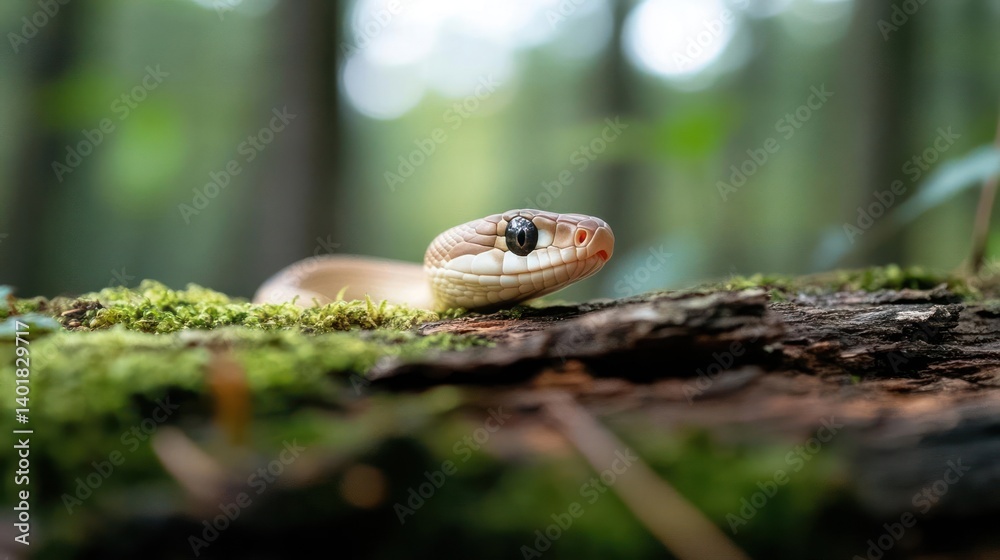 Poster close-up shot of a beige snake slithering across a mossy log in a lush green forest. the snake's hea