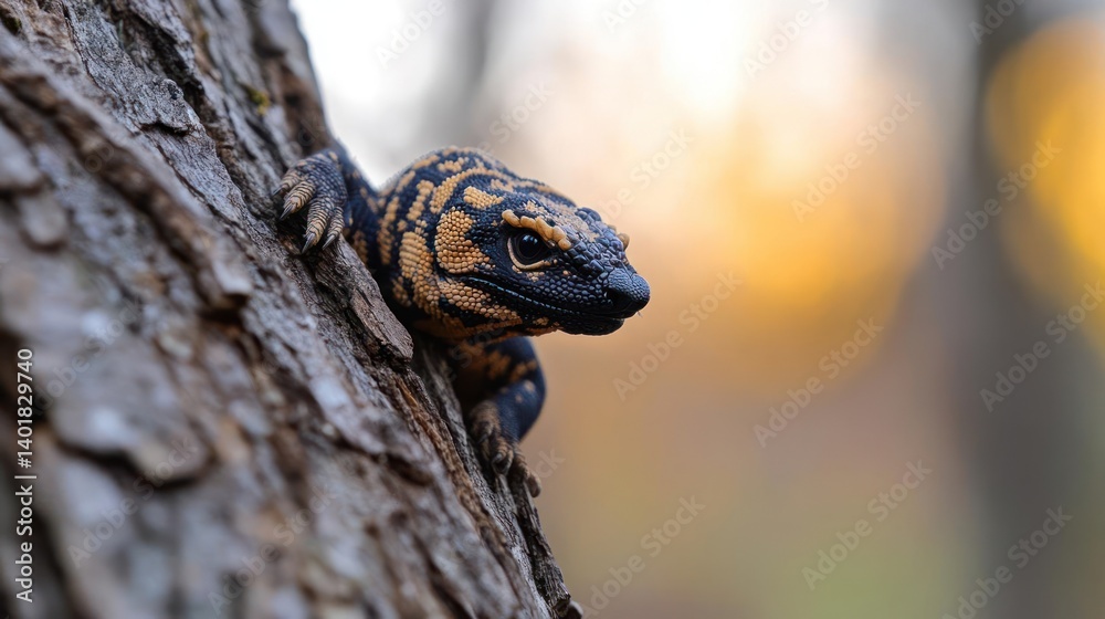 Aufkleber detailed close-up of a black and orange uromastyx lizard clinging to rough tree bark. the lizard's t