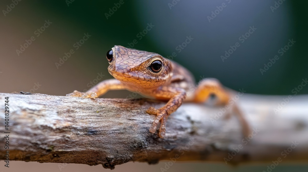 Aufkleber close-up macro shot of a small brown frog with black eyes perched on a weathered branch against a bl