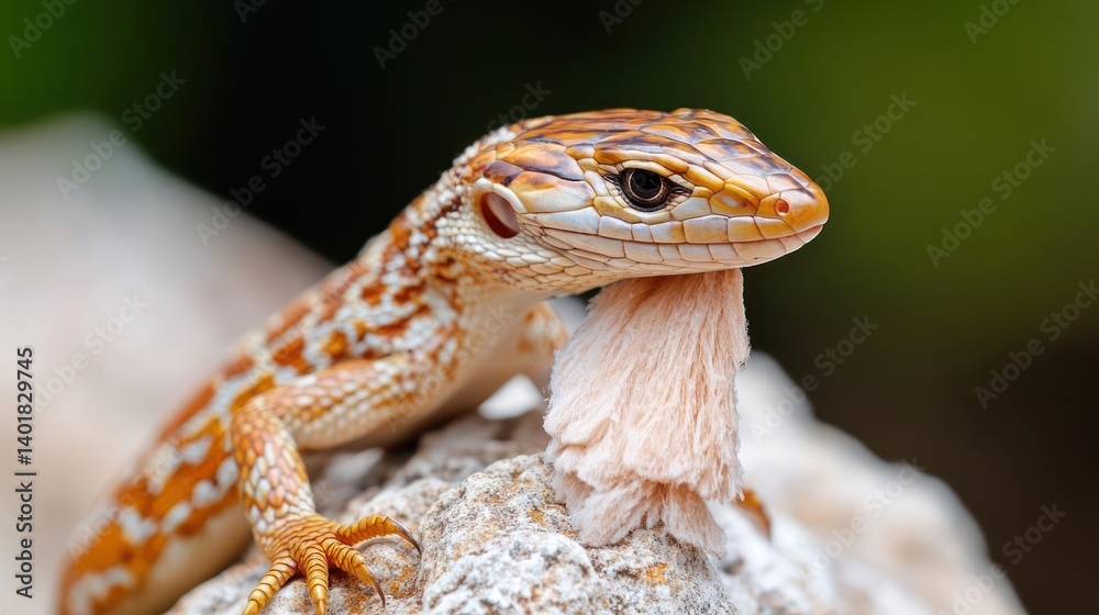 Poster close up shot of an orange and white striped lizard resting on a rock. the lizard is in focus with a
