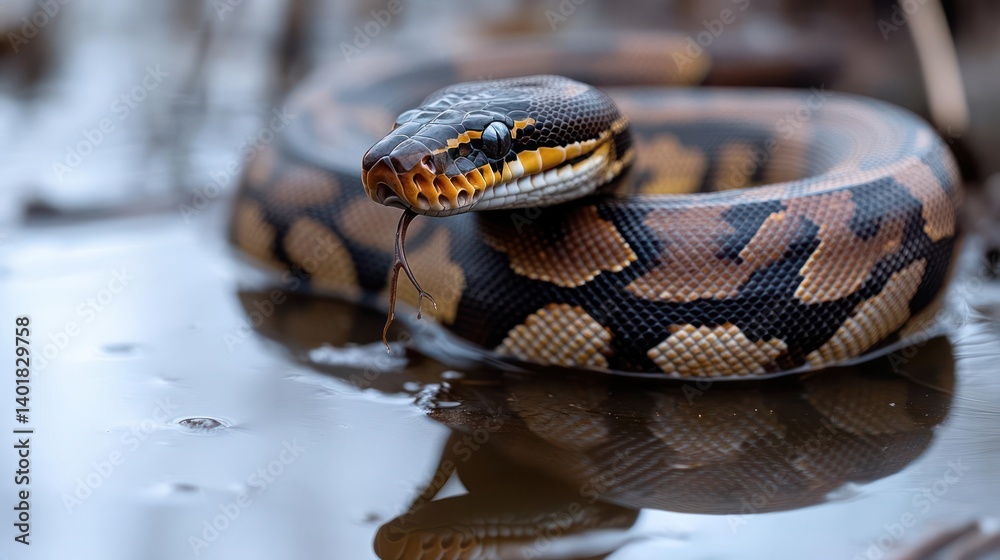 Aufkleber Close up of a coiled black headed python in shallow water with reflective water surface. The snake has distinctive black and brown patterned skin, small head, and is positioned to the left of the