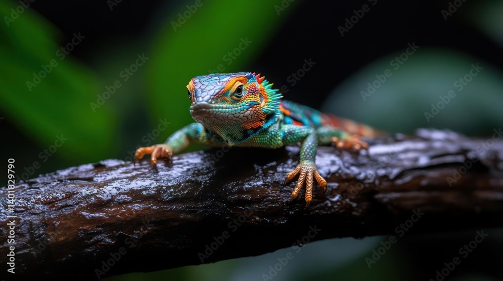 Poster striking close-up showcases a vibrant lizard perched on a glistening branch against a blurred verdan