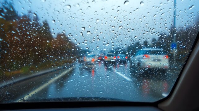 Close-up view of car window with rain drops during driving in rainy weather, blurred background of traffic jam, concept of bad weather, road safety, transportation and urban travel