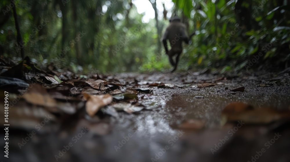 Poster low angle shot captures a muddy path in a lush green forest with scattered leaves and a blurred prim