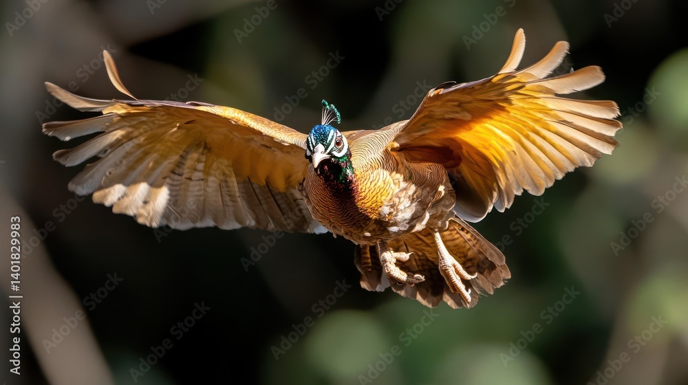 Aufkleber close up of a himalayan monal bird in flight with its wings spread. the bird has a vibrant plumage, 