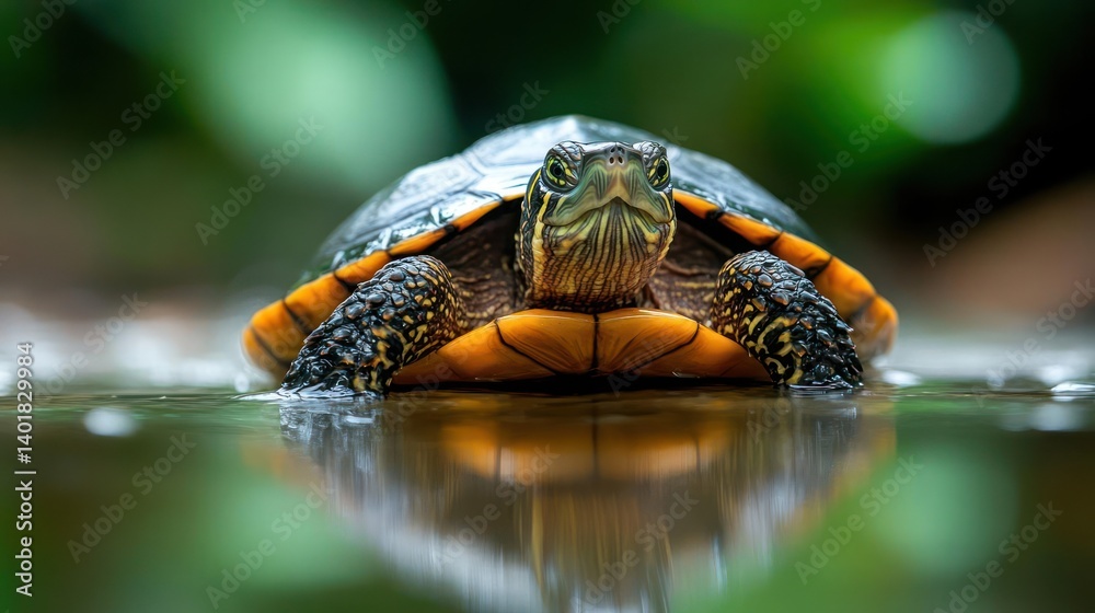 Poster front view shot of a yellow bellied turtle with a black shell, resting in shallow water with a blurr