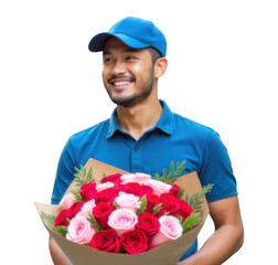 Smiling flower Asian courier holding bouquet of red and light pink roses in kraft paper and looking away with joyful expression in blue uniform and cap on transparent background.