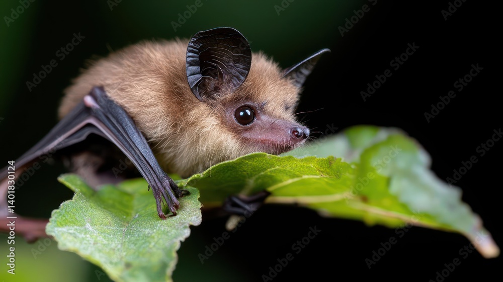 Poster detailed close-up of a brown bat perched on a vibrant green leaf against a dark background. the bat'