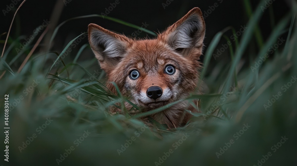 Aufkleber close-up of a red fox with blue eyes peeking out from tall green grass, focusing on its face with a 