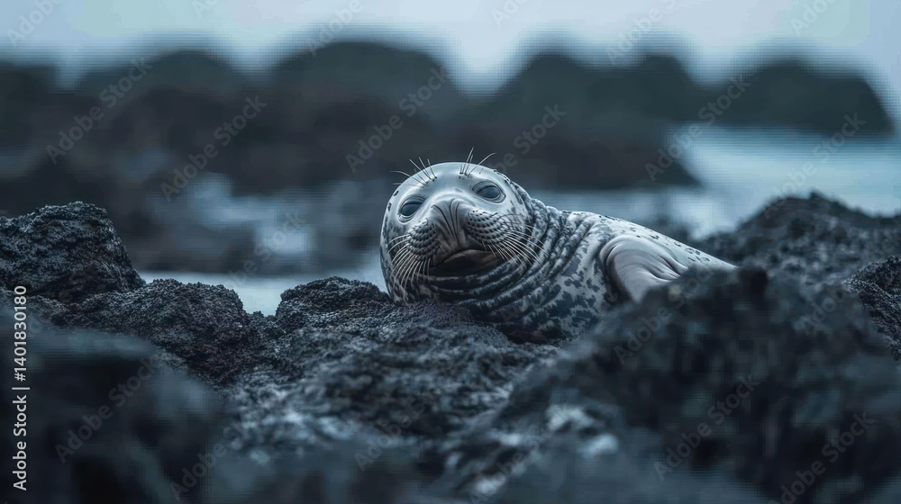 Poster a seal lounging on dark, rugged rocks near the ocean, captured in a low-angle shot with a cool color