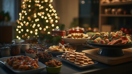 Naklejka premium Christmas holiday buffet table with appetizers and desserts for festive celebration gathering event