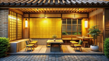 Fototapeta premium Modern Korean Hanok Cafe with Yellow Tile Seating, Indirect Lighting, and Stylish 3D Interior Design for Night Photography