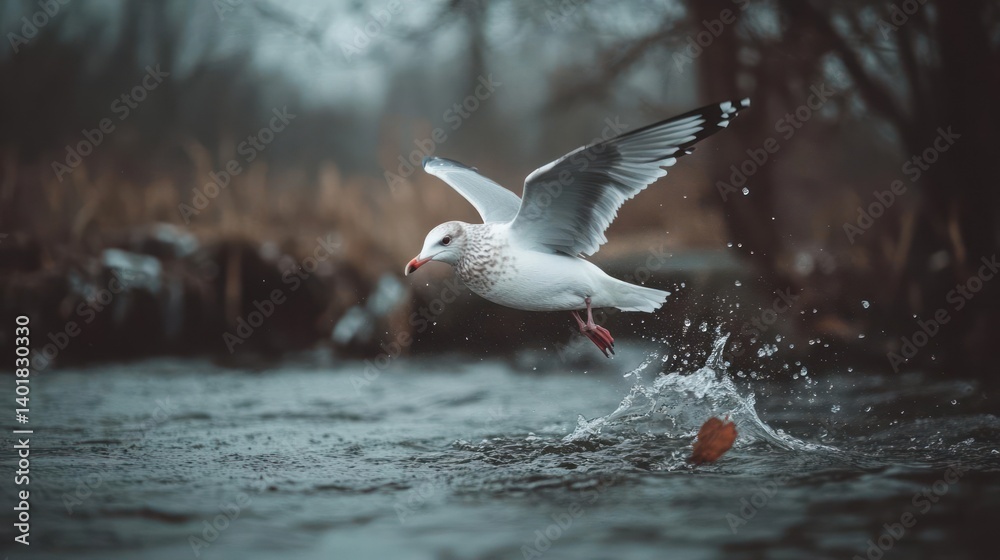 Poster an eye-level shot captures a seagull in mid-flight over a stream, its wings outstretched against a b
