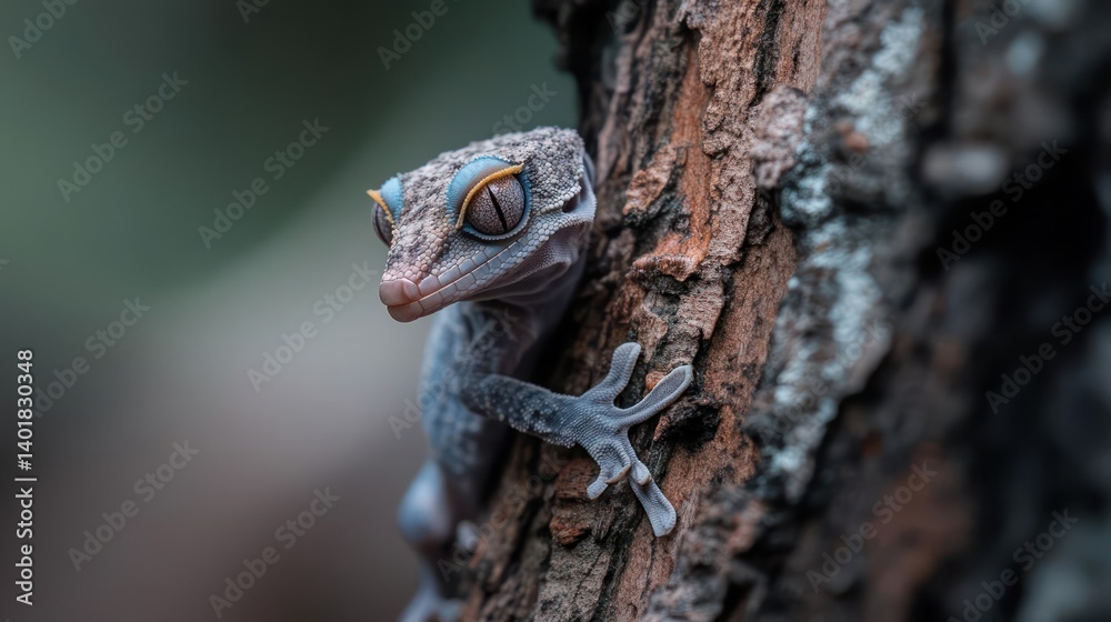 Aufkleber close-up of a small gecko clinging to a tree trunk. the gecko features mottled gray and brown skin, 