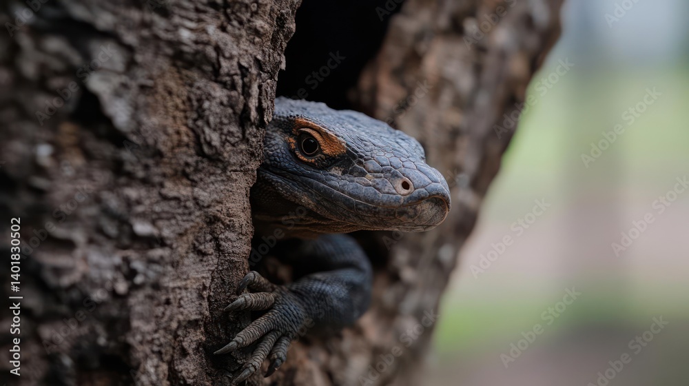 Poster Close-up shot of a black lizard emerging from a textured, dark brown tree trunk. The background is softly blurred, featuring green and grey tones, creating a naturalistic setting. The focus is on the