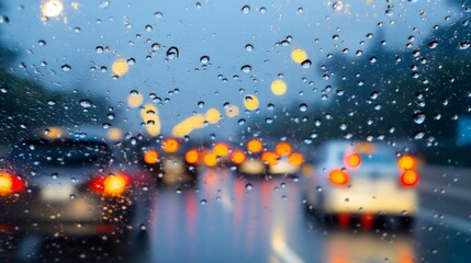 Close-up view of car window with rain drops during driving in rainy weather, blurred background of traffic jam, concept of bad weather, road safety, transportation and urban travel