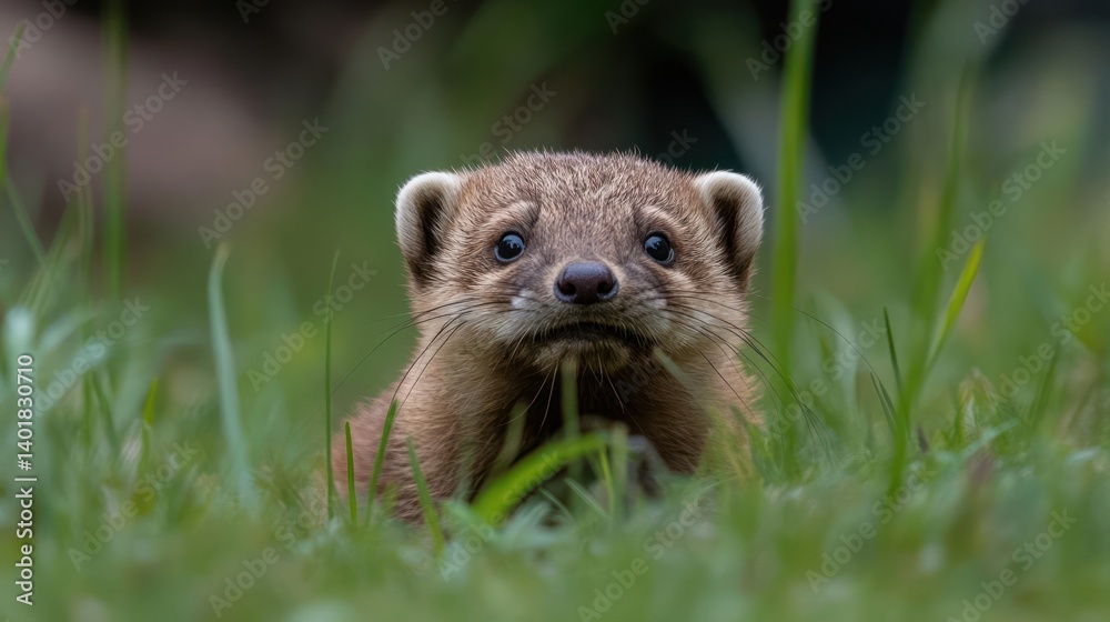 Poster close up of a cute least weasel with light brown fur and small round ears, surrounded by vibrant gre