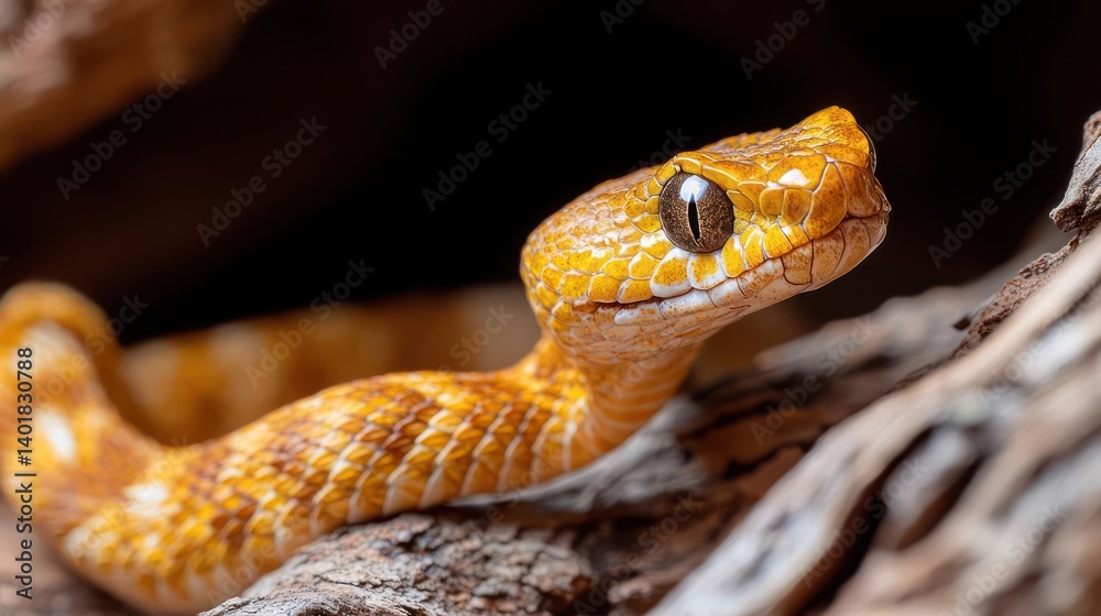 Aufkleber detailed close-up captures a vividly patterned yellow snake against a backdrop of textured wood, sho