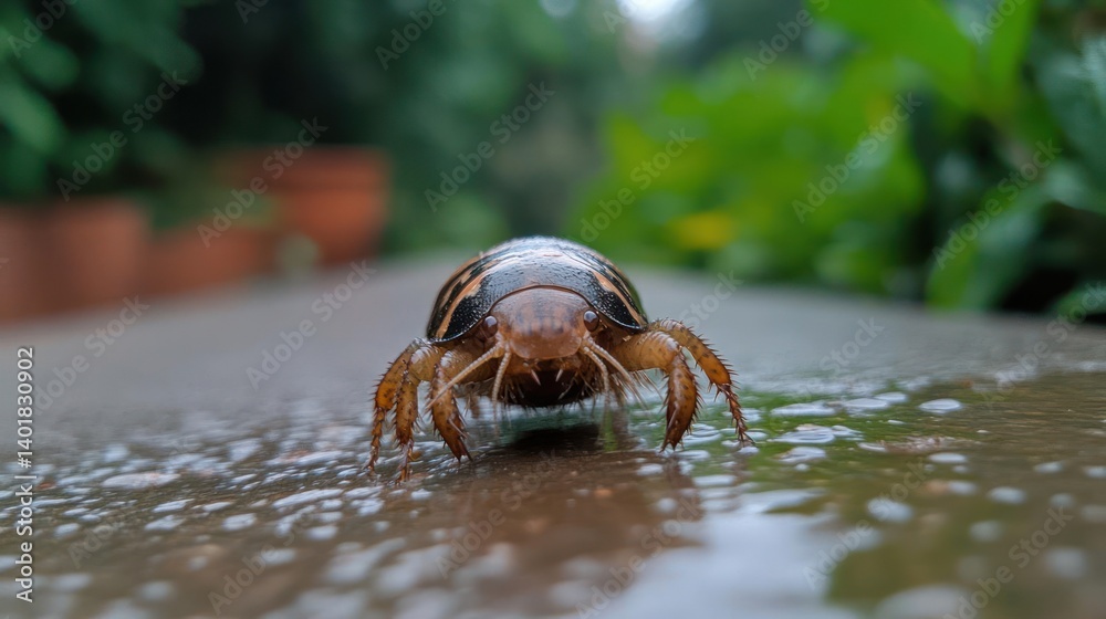 Poster macro shot of a beetle on a wet surface, showcasing intricate details of its exoskeleton and legs. t