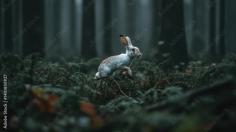 Poster a side eye-level shot focuses on a white hare, dappled with brown spots, amidst green foliage inters