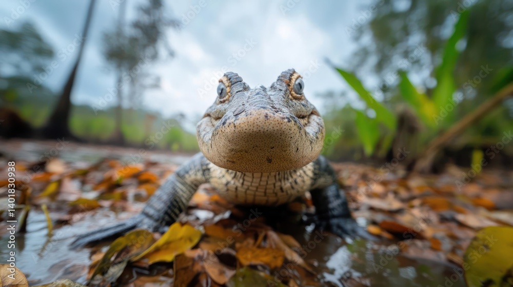 Aufkleber close up shot of a small alligator in its natural habitat with lush green vegetation and fallen leav