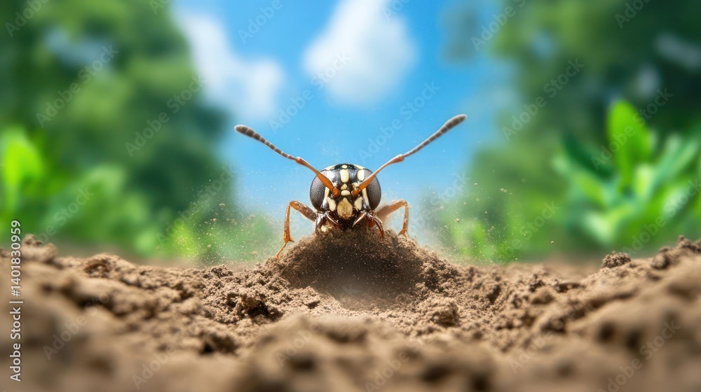 Poster a macro shot captures a longhorn beetle emerging from the soil. the beetle's markings and long anten