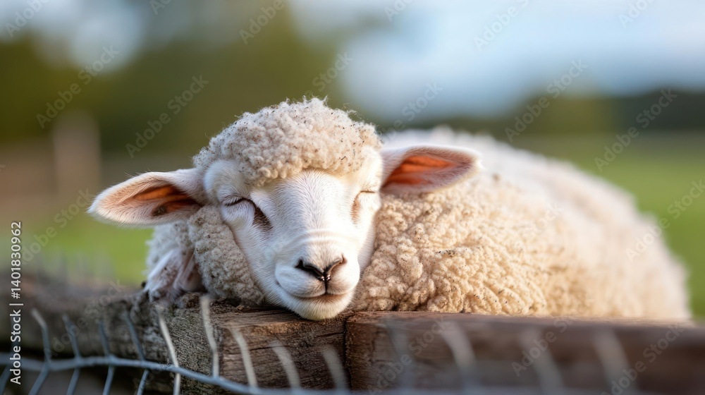 Poster a sheep lies on a wooden fence with a blurred background of green grass and trees, bathed in soft li