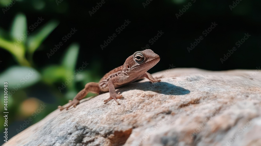 Poster captured in sharp focus, a small brown lizard rests atop a textured rock against a blurred dark back