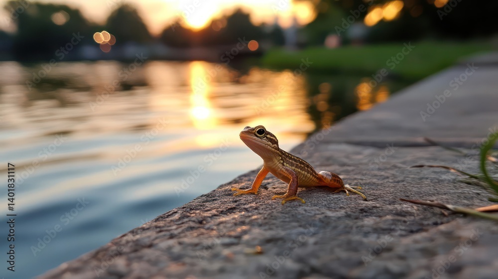 Aufkleber close up of a newt on a ledge during sunset. the sunlight reflects on the calm body of water behind 