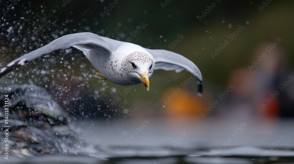 Poster action shot of a common gull skimming across water. the bird with light gray wings speckled with bro