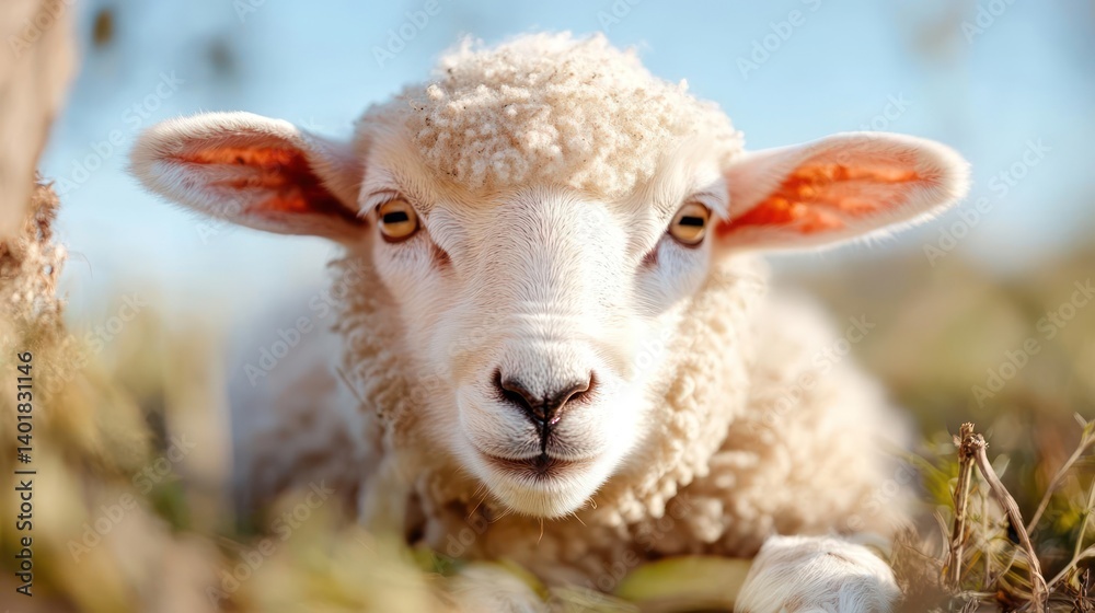 Poster close up shot of a sheep with a soft wool coat against a blurry outdoor background. the focus is on 