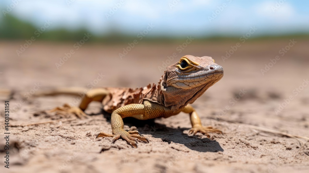 Poster close-up shot of a crevice dragon lizard resting on sandy ground. the lizard is tan with darker brow