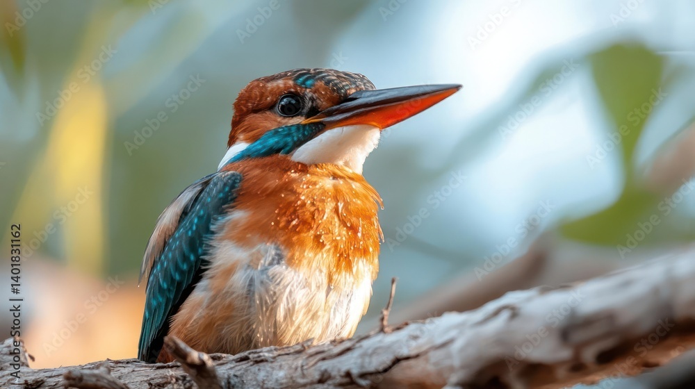 Poster close-up shot of a brown and blue kingfisher perched on a weathered branch, with blurred backdrop. t