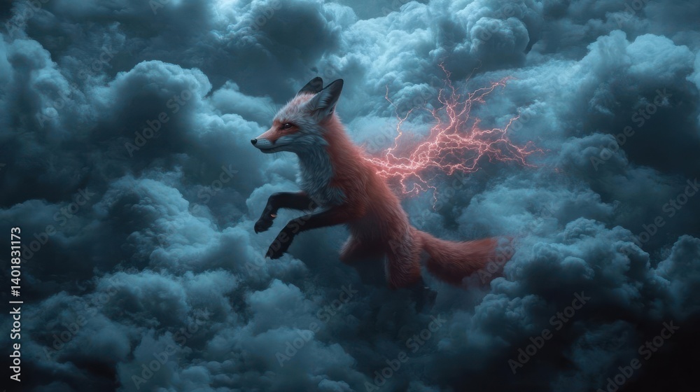 Leinwandbilder pixelated fox leaping amidst swirling clouds, accented by electrical energy emanating from its back.