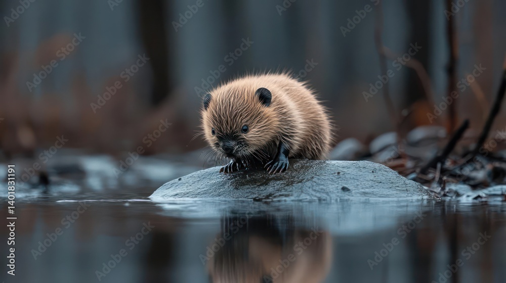 Aufkleber Close up shot of a beaver sitting on a rock in the water. Its fur is wet and shiny, and the water is reflecting the surrounding trees. The background is blurred, creating a sense of depth