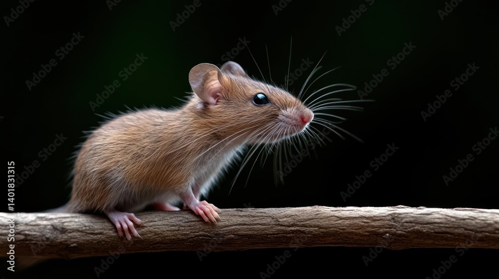 Poster close-up shot of a small brown field mouse perched on a tree branch, set against a blurred dark gree