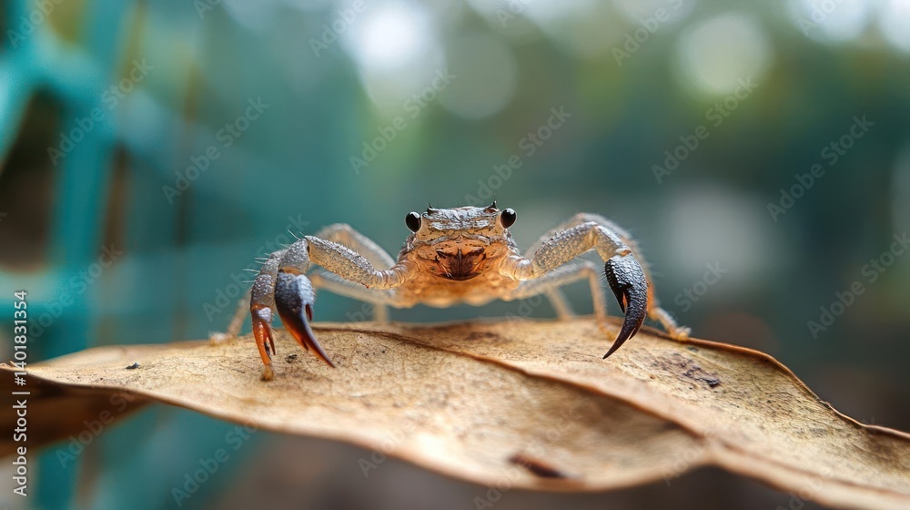 Poster macro shot of a translucent light brown crab with black tipped claws standing on a brown leaf with a